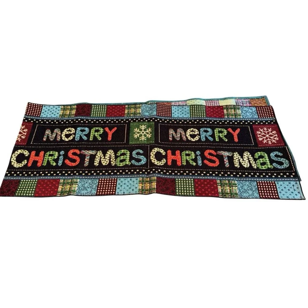 Colorful Merry Christmas Table Runner Tapestry Patchwork Farmhouse Country Chic